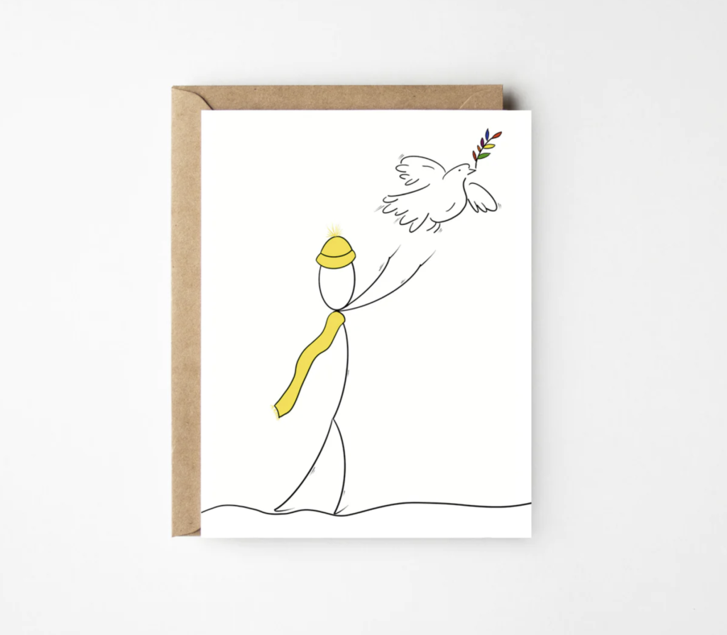 An illustration of a stick figure letting go a white dove with a yellow hat and scarf.