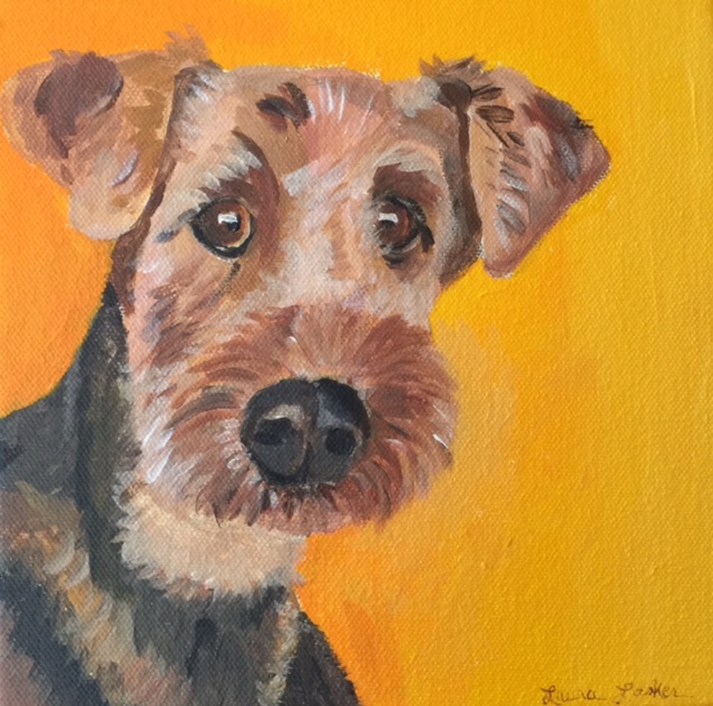 A painting of a dog on a yellow background.