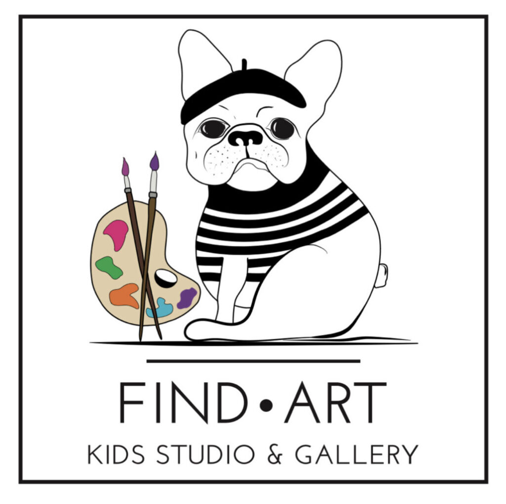 An illustration of a fench bull dog wearing a french cap and striped shirt with a paint pallete. Below the dog says Find Art Kids Studio & Gallery.