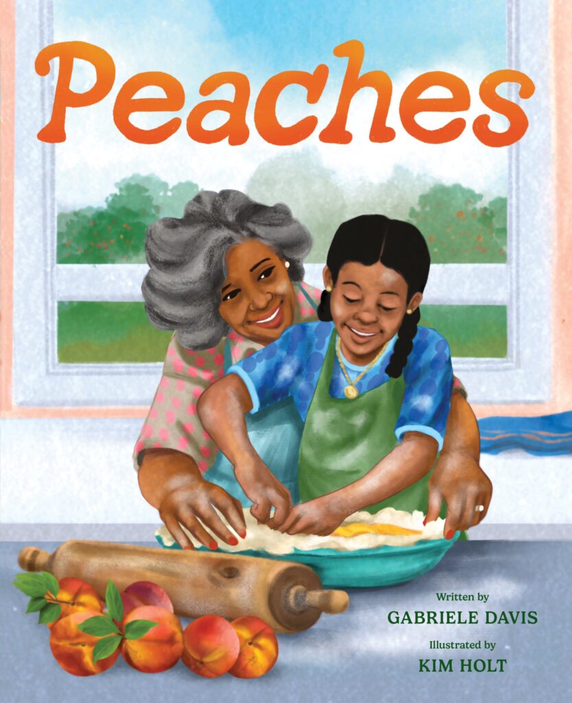 An illsutated book cover of an older woman and a child making food, with the title "Peaches," above.