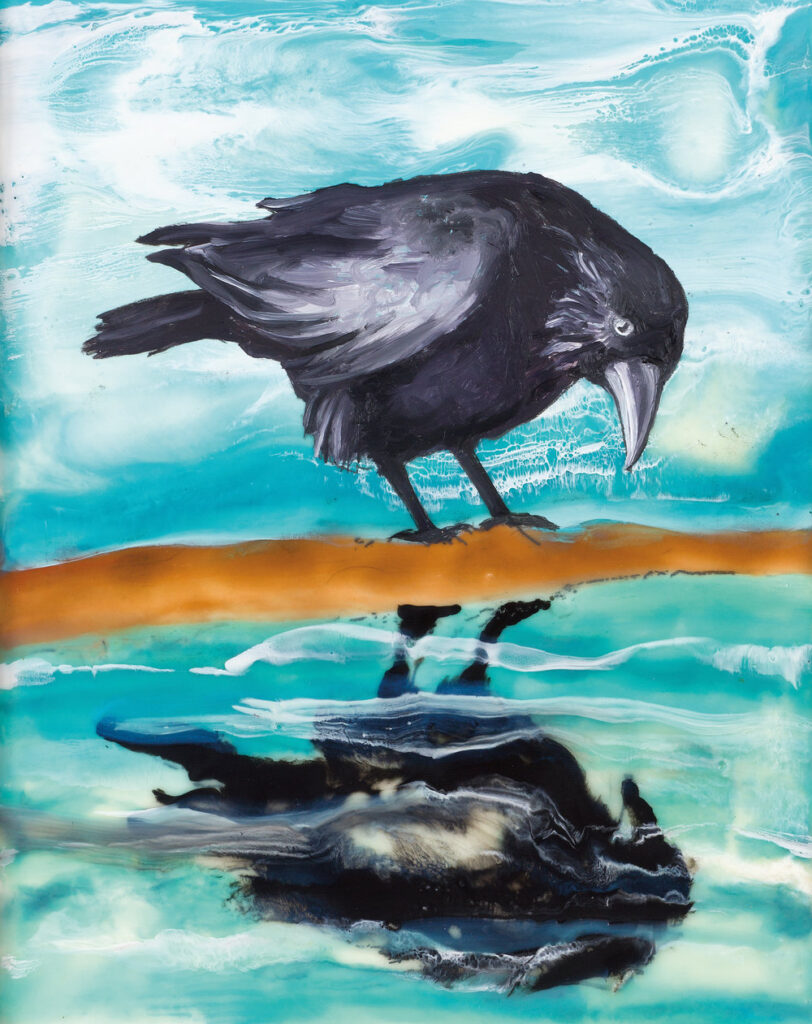 A painting of a crow looking at its reflection in water.