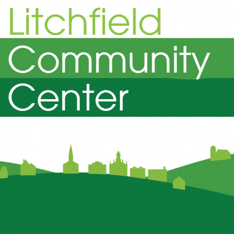 Litchfield Community Center is displayed in green shaded squares above a green illustrated town on hills.