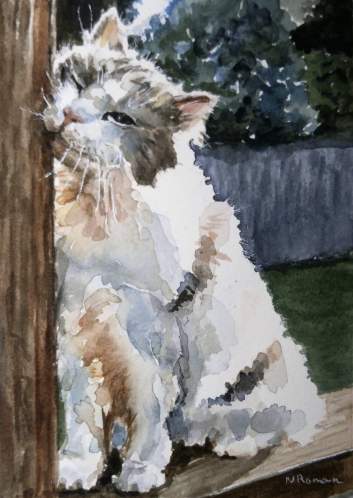 A watercolor painting of a white cat rubbing its chin on a plank of wood.